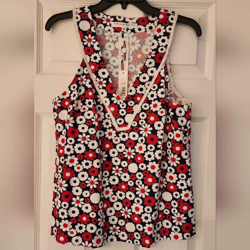 TRINA TURK The Borneo Vnevk Floral Top In Red/Wht/Blue Size 8 - Picture 4 of 13